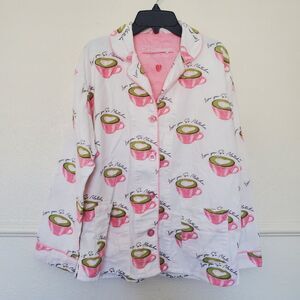 P.J. Salvage Pajama Top Only Sz S White Pink Love You So Matcha Tea Flannel